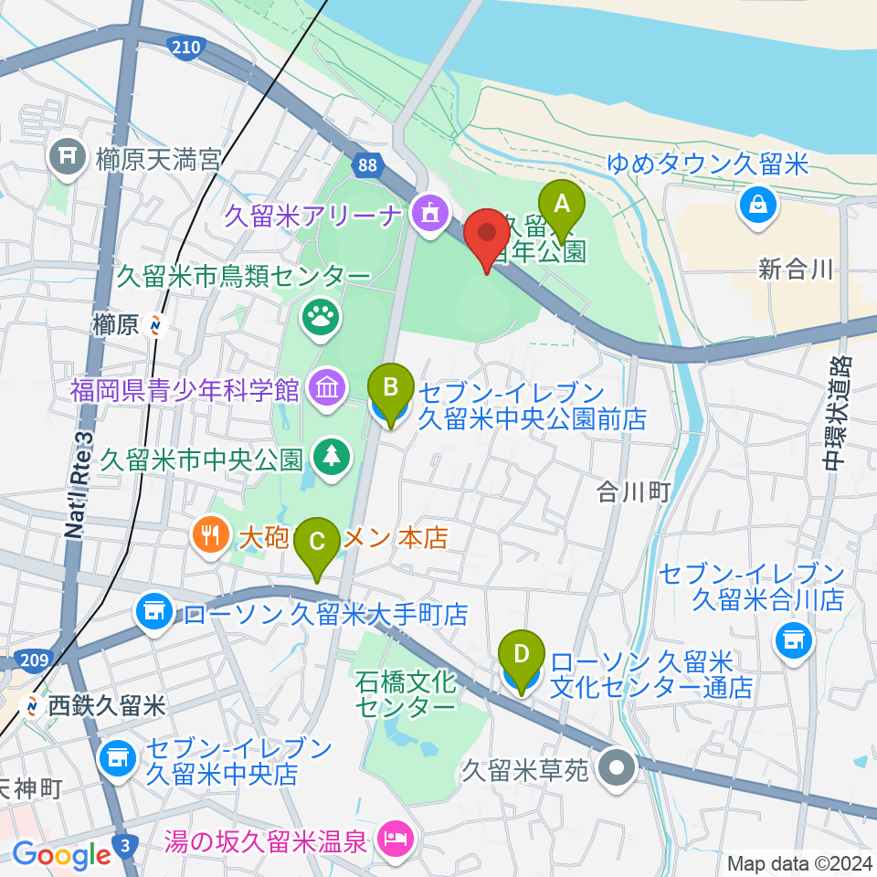 久留米市野球場周辺のコンビニエンスストア一覧地図