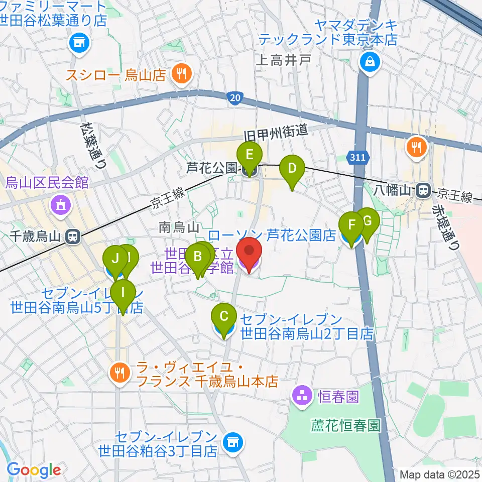 世田谷文学館周辺のコンビニエンスストア一覧地図