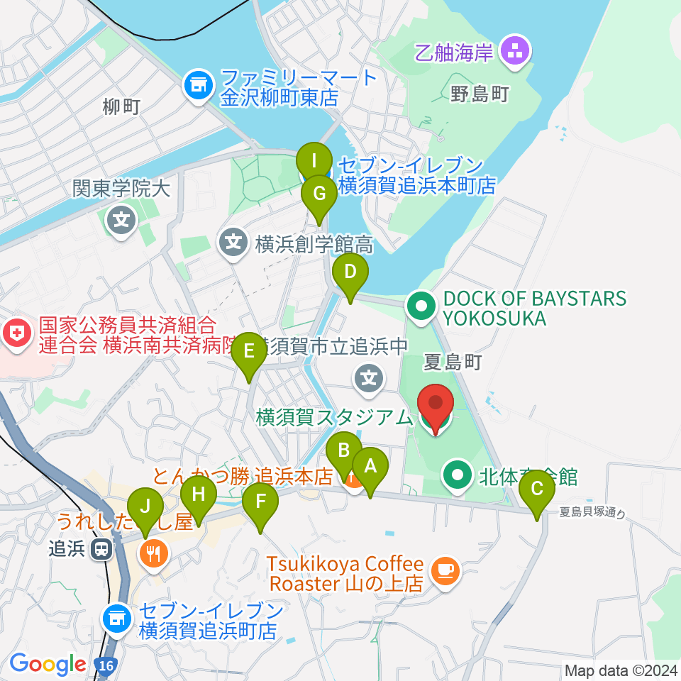 横須賀スタジアム周辺のコンビニエンスストア一覧地図