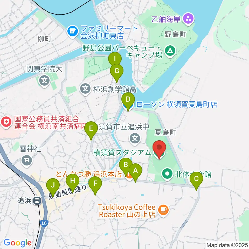 横須賀スタジアム周辺のコンビニエンスストア一覧地図