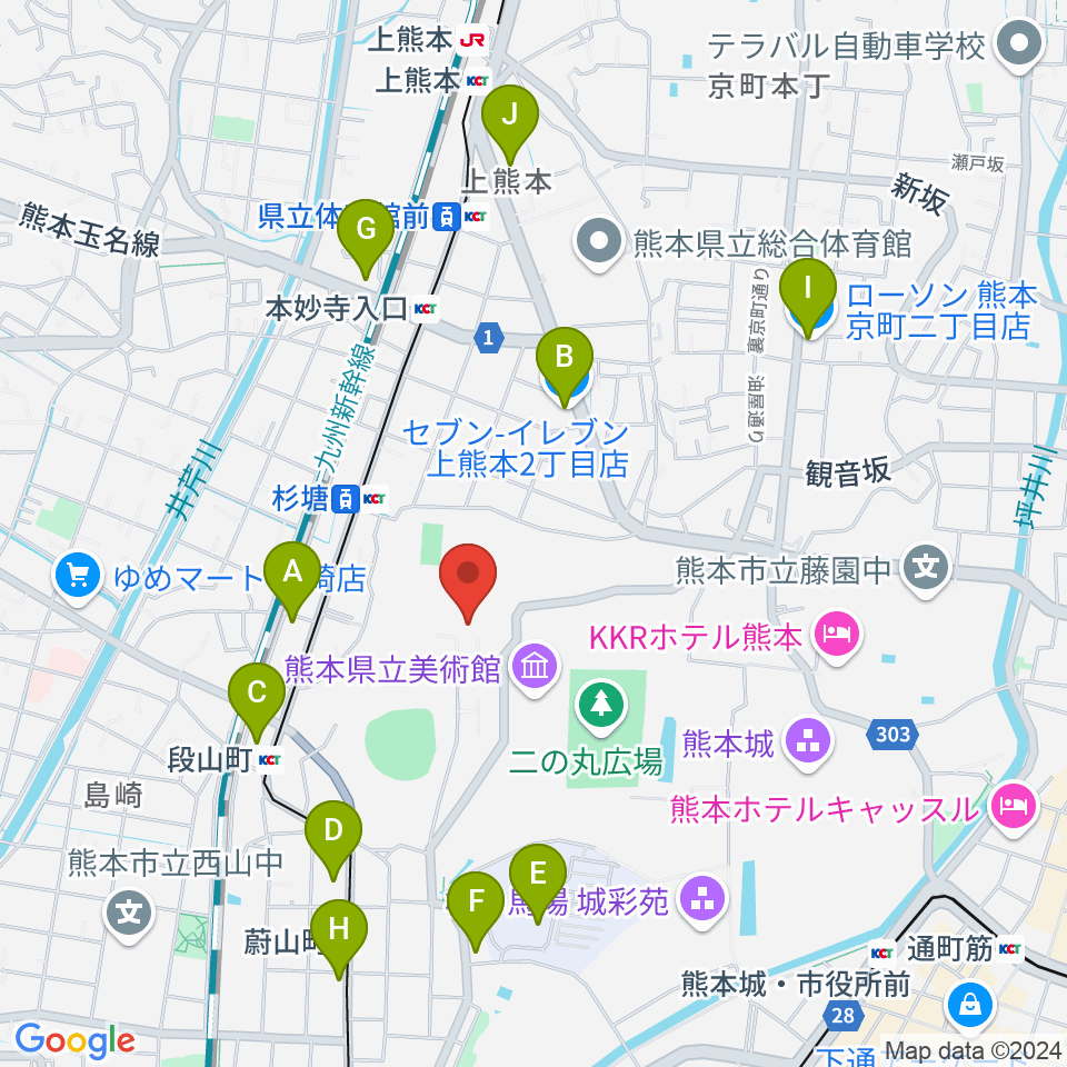 熊本博物館周辺のコンビニエンスストア一覧地図