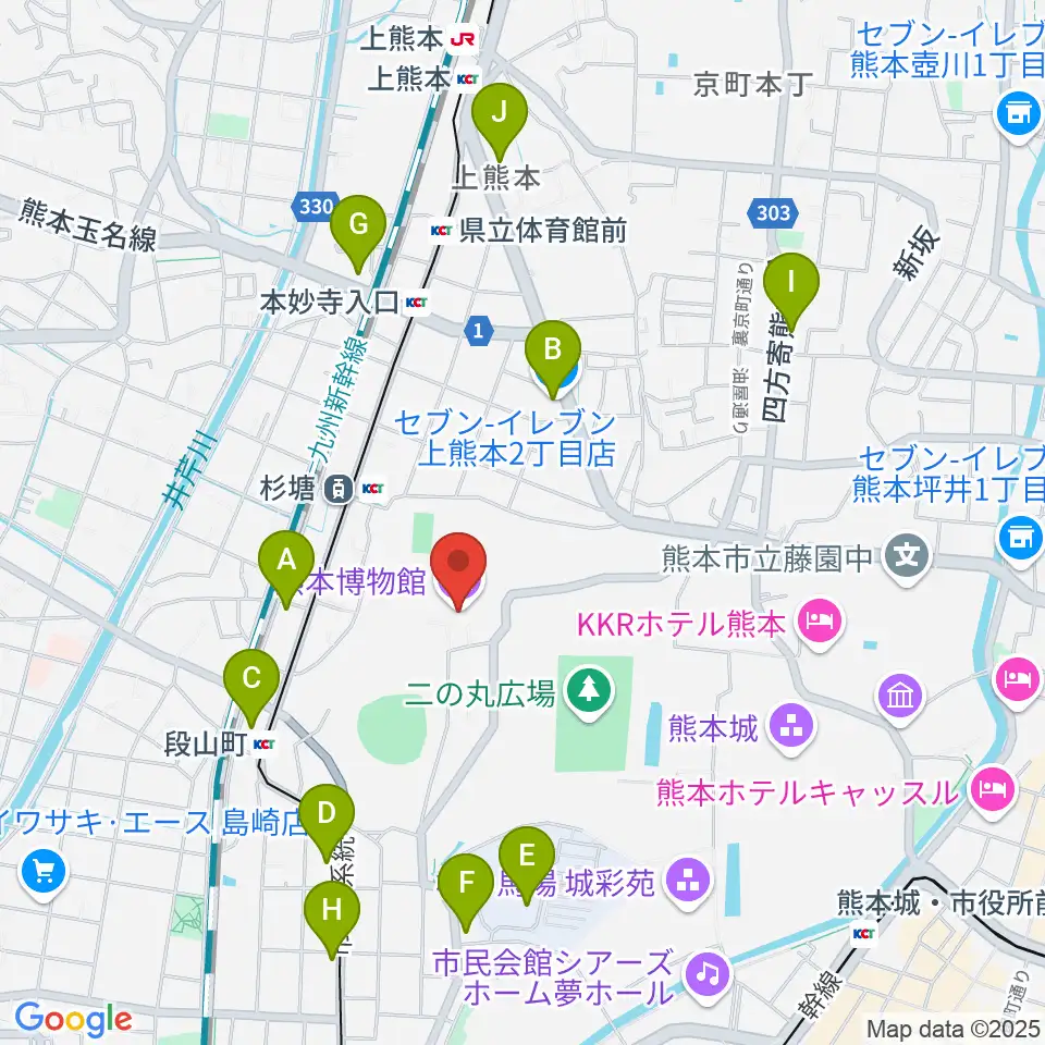 熊本博物館周辺のコンビニエンスストア一覧地図