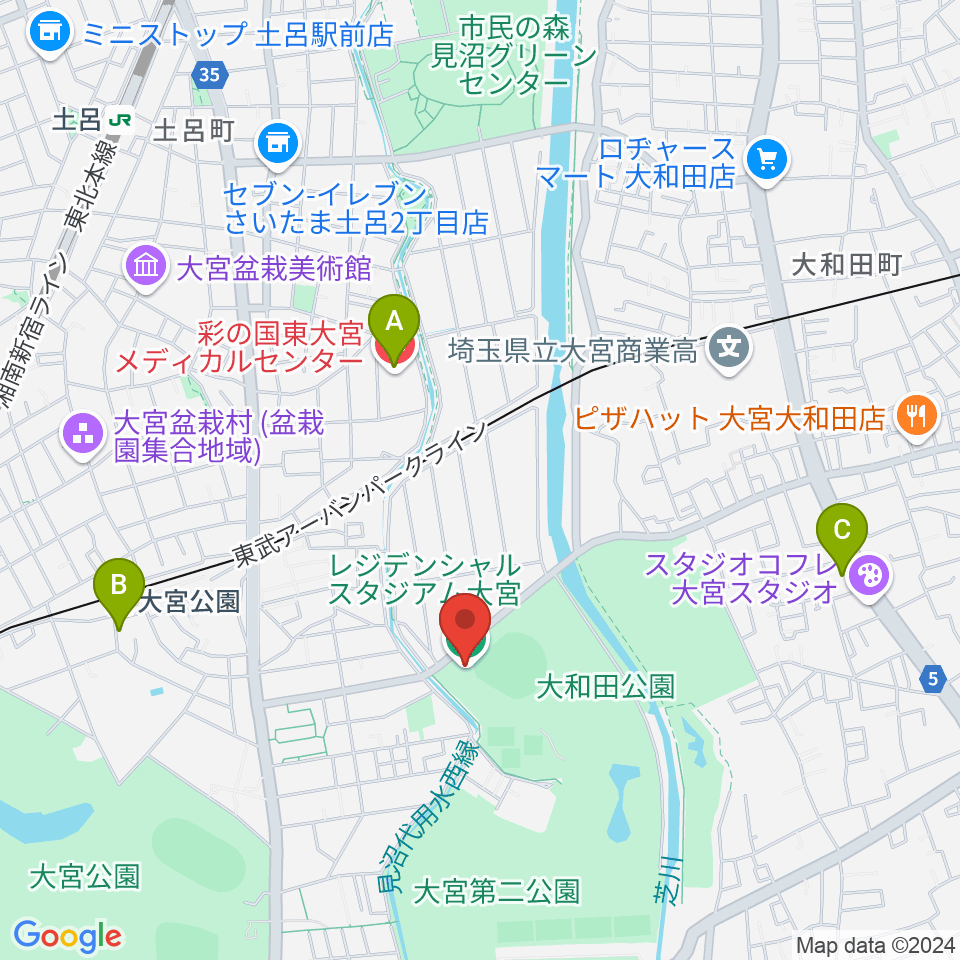 レジデンシャルスタジアム大宮周辺のコンビニエンスストア一覧地図