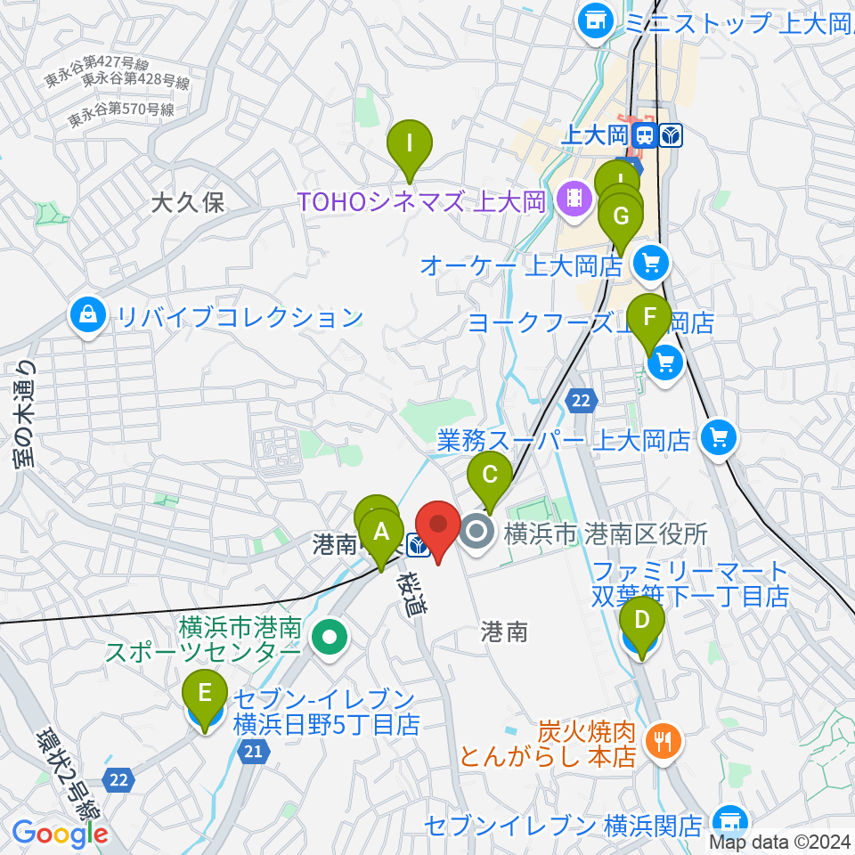 横浜市港南公会堂周辺のコンビニエンスストア一覧地図