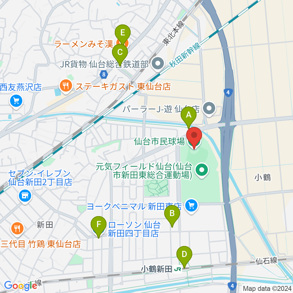 仙台市民球場周辺のコンビニエンスストア一覧地図