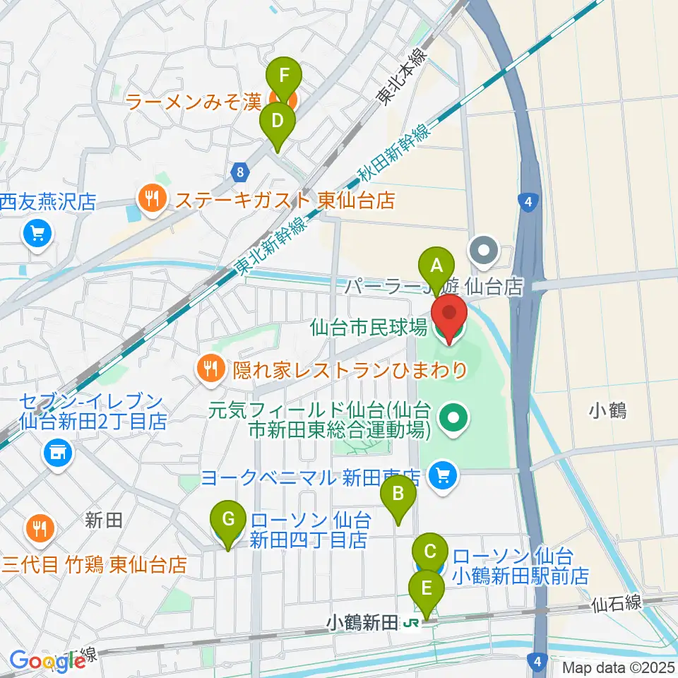 仙台市民球場周辺のコンビニエンスストア一覧地図