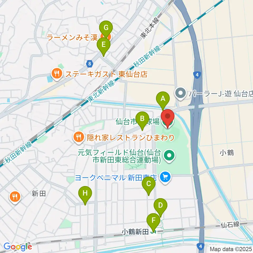 仙台市民球場周辺のコンビニエンスストア一覧地図