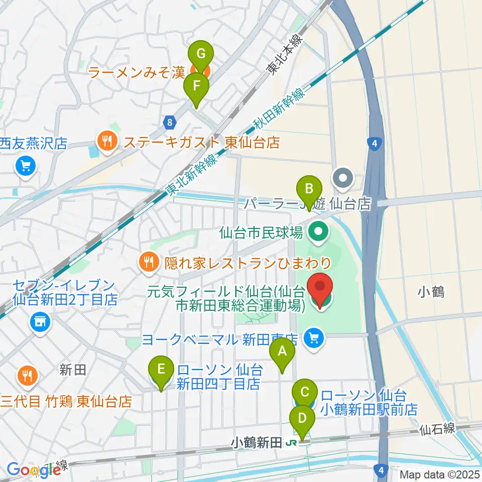 元気フィールド仙台宮城野体育館周辺のコンビニエンスストア一覧地図