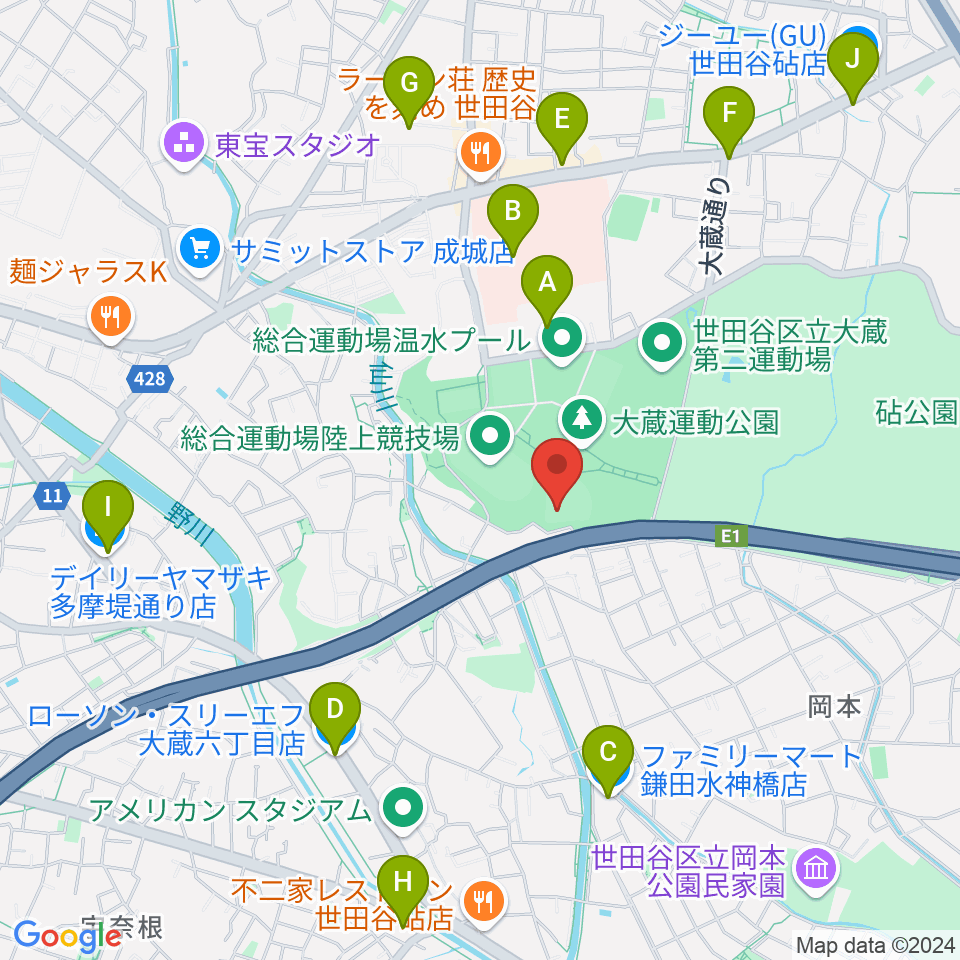 世田谷区立総合運動場野球場周辺のコンビニエンスストア一覧地図