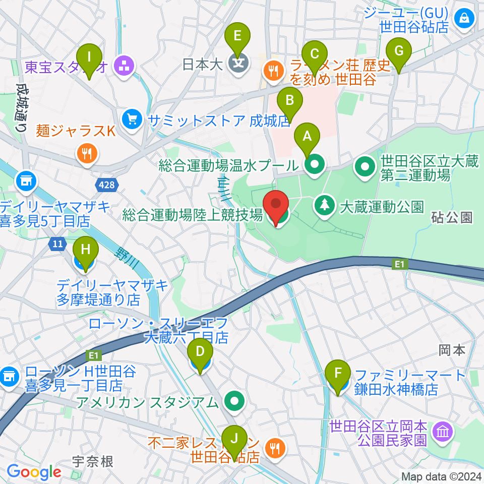 世田谷区立総合運動場陸上競技場周辺のコンビニエンスストア一覧地図