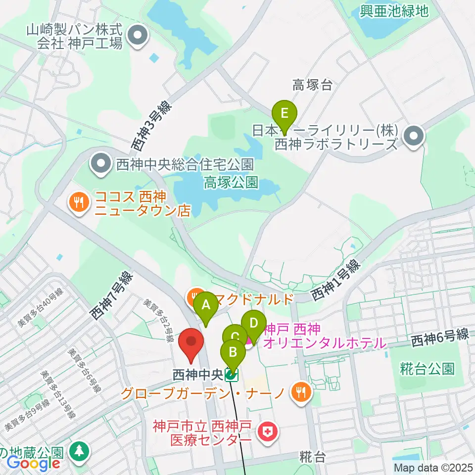 西神中央ホール周辺のコンビニエンスストア一覧地図