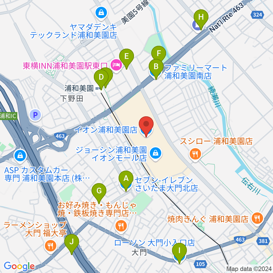 山野楽器イオンモール浦和美園店周辺のコンビニエンスストア一覧地図