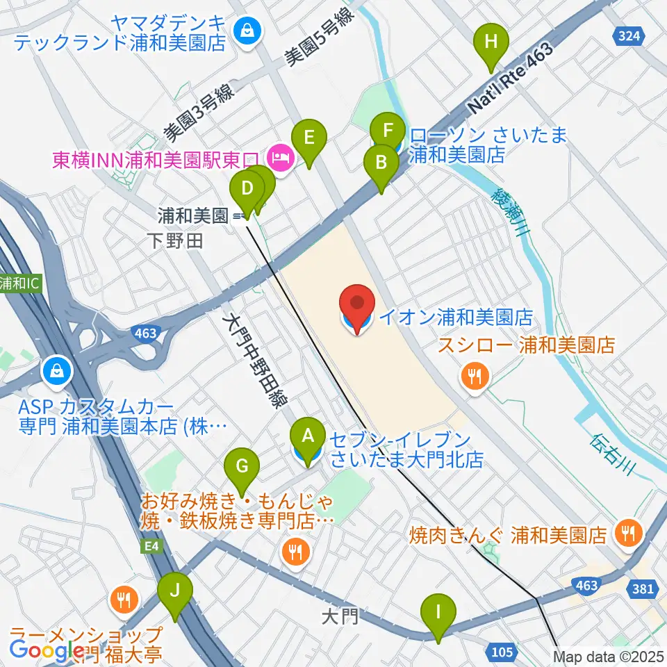 山野楽器イオンモール浦和美園店周辺のコンビニエンスストア一覧地図