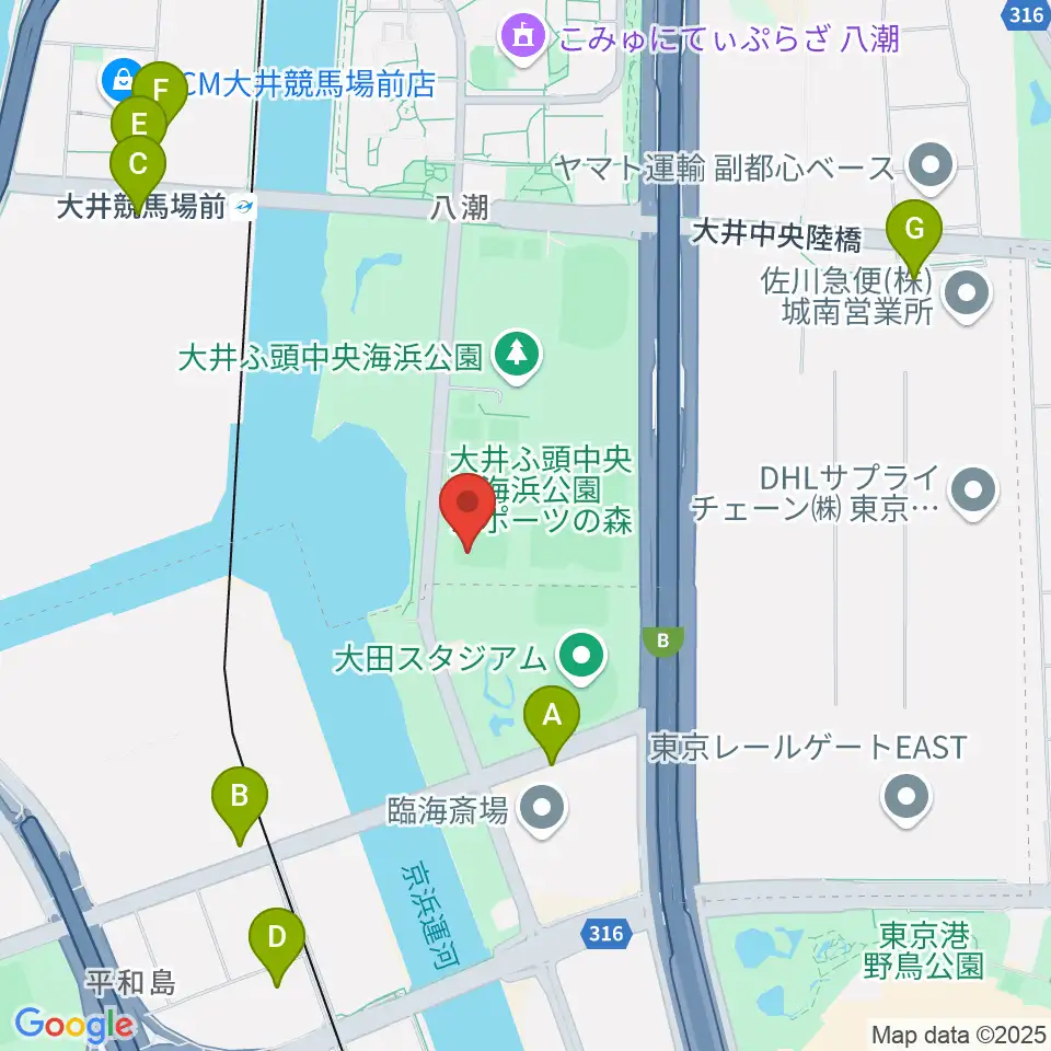 大井ふ頭中央海浜公園野球場周辺のコンビニエンスストア一覧地図