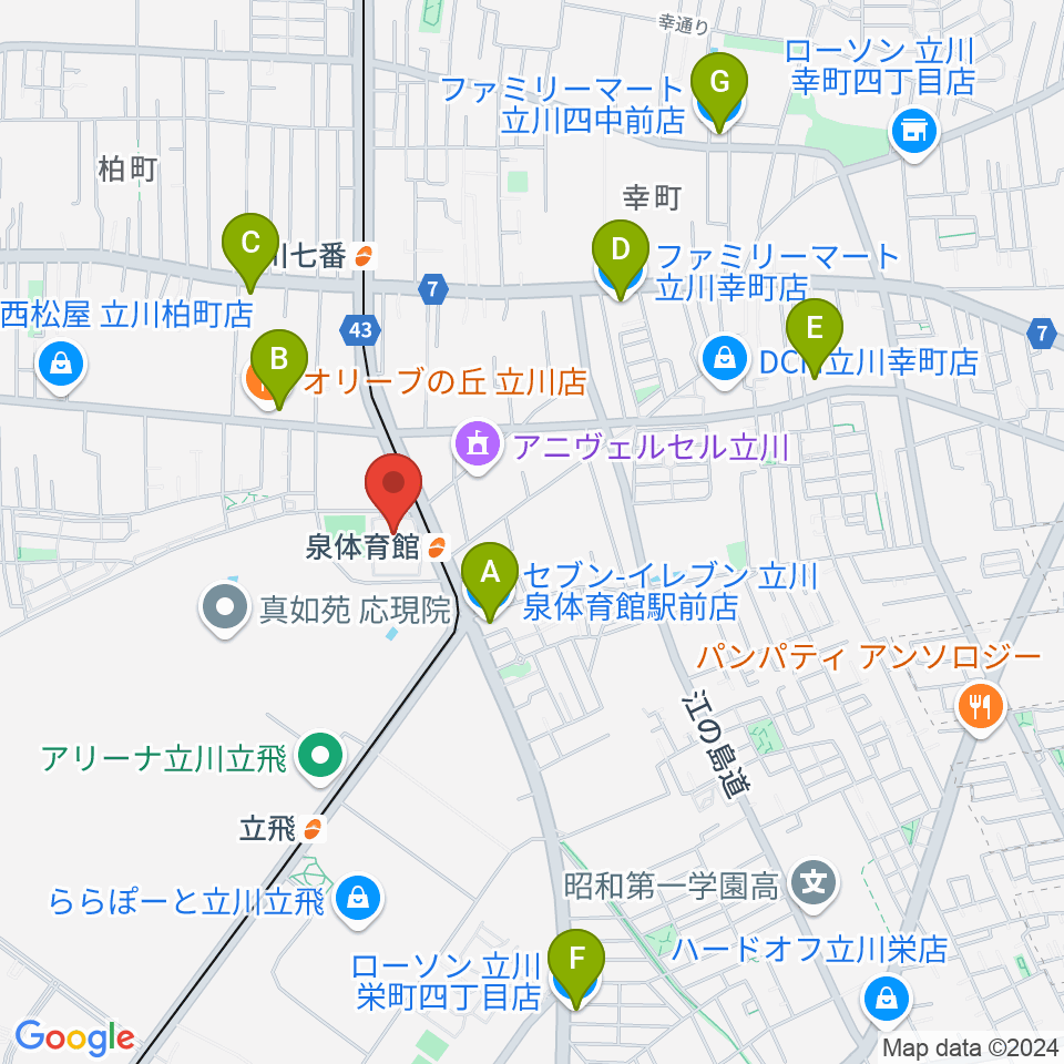 立川市泉市民体育館周辺のコンビニエンスストア一覧地図