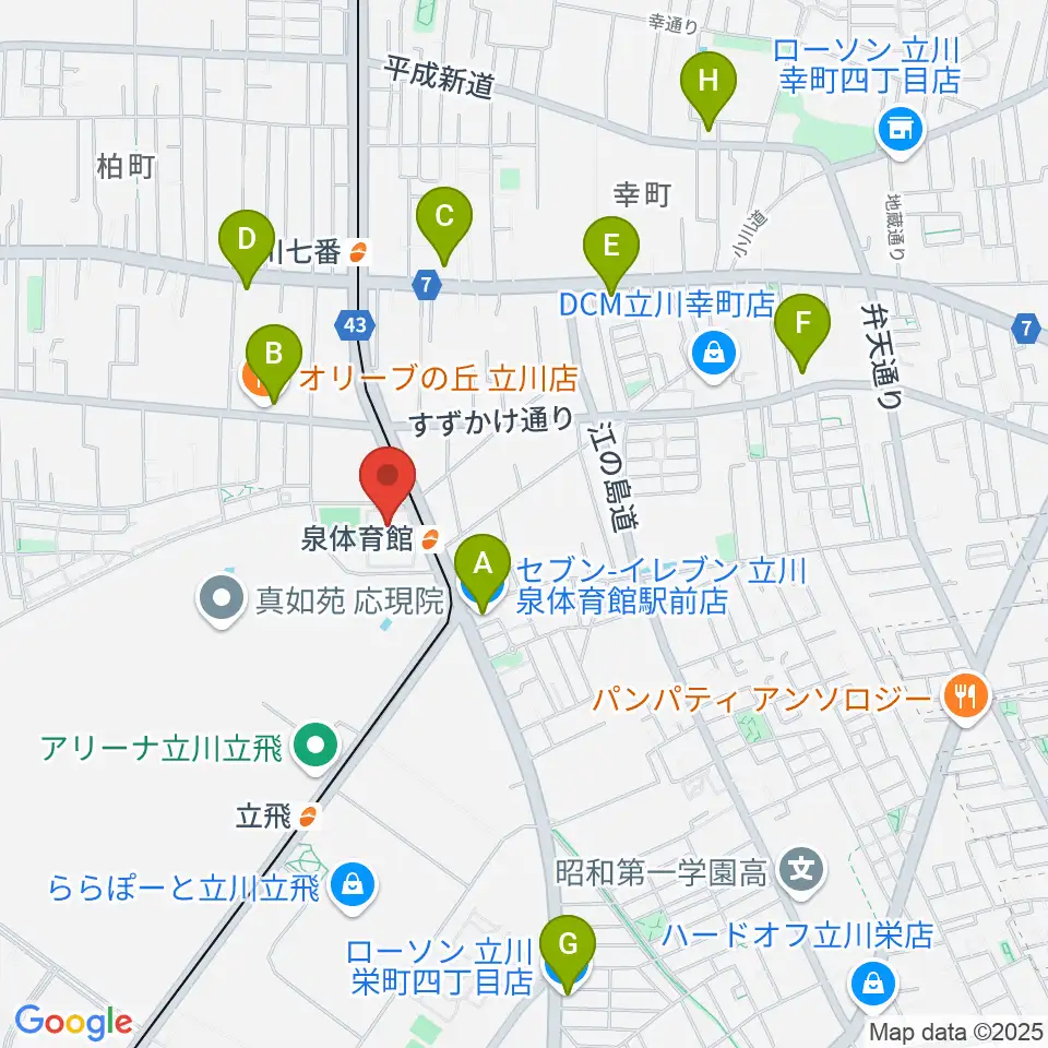 立川市泉市民体育館周辺のコンビニエンスストア一覧地図