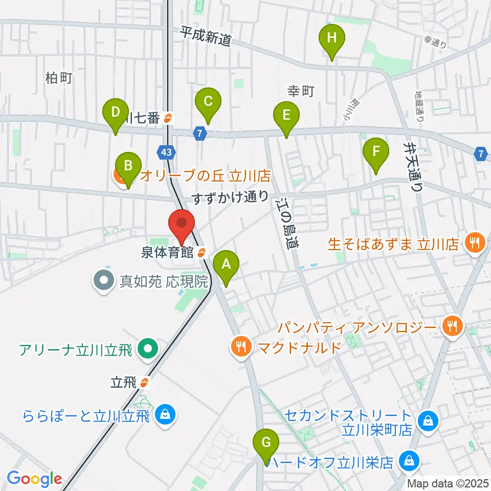 立川市泉市民体育館周辺のコンビニエンスストア一覧地図