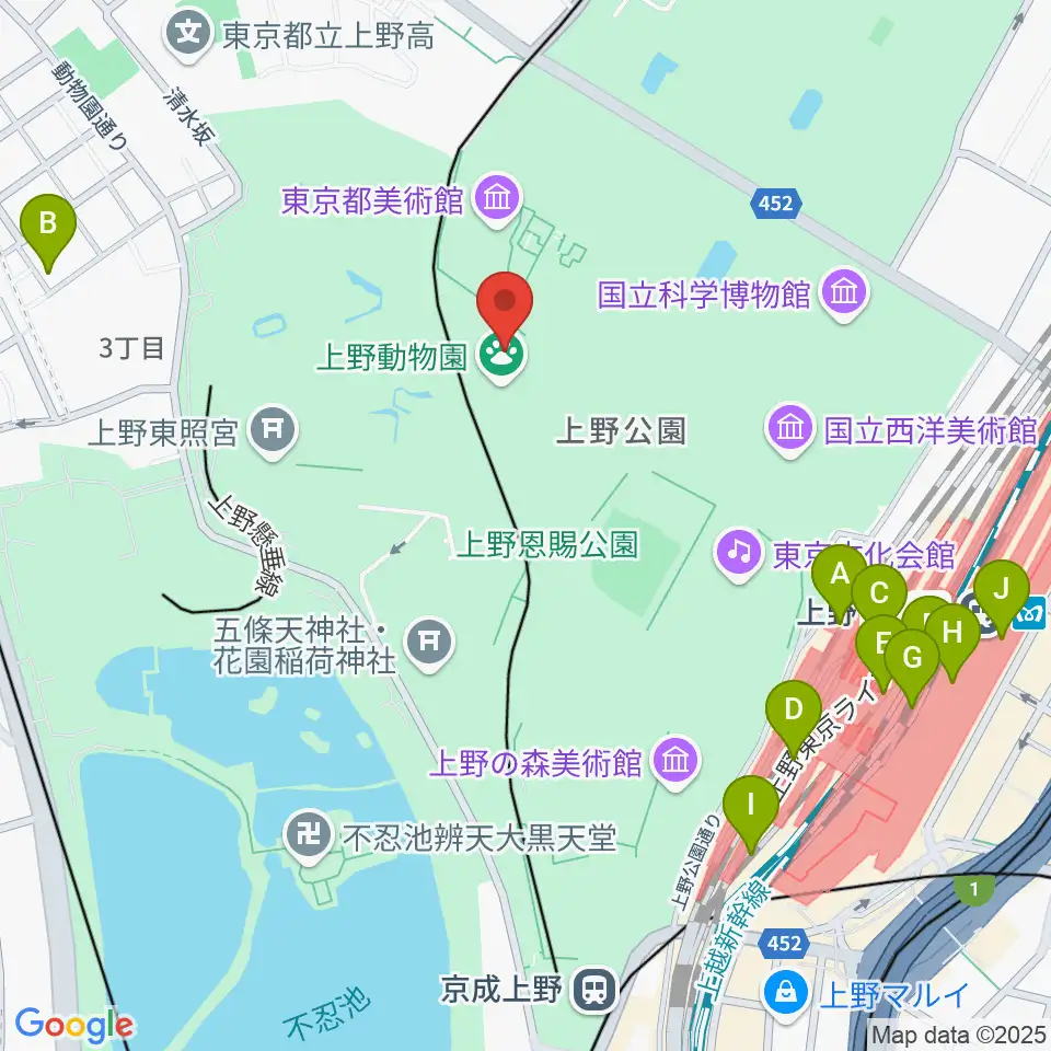 上野動物園周辺のコンビニエンスストア一覧地図