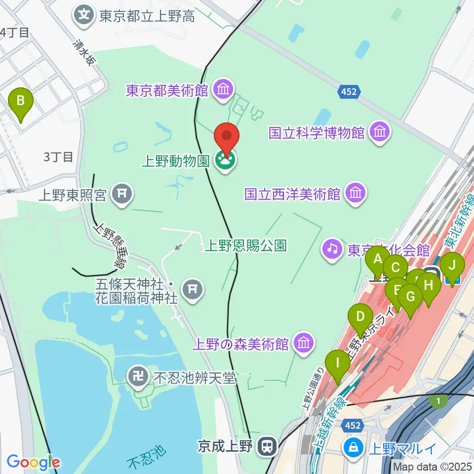 上野動物園周辺のコンビニエンスストア一覧地図