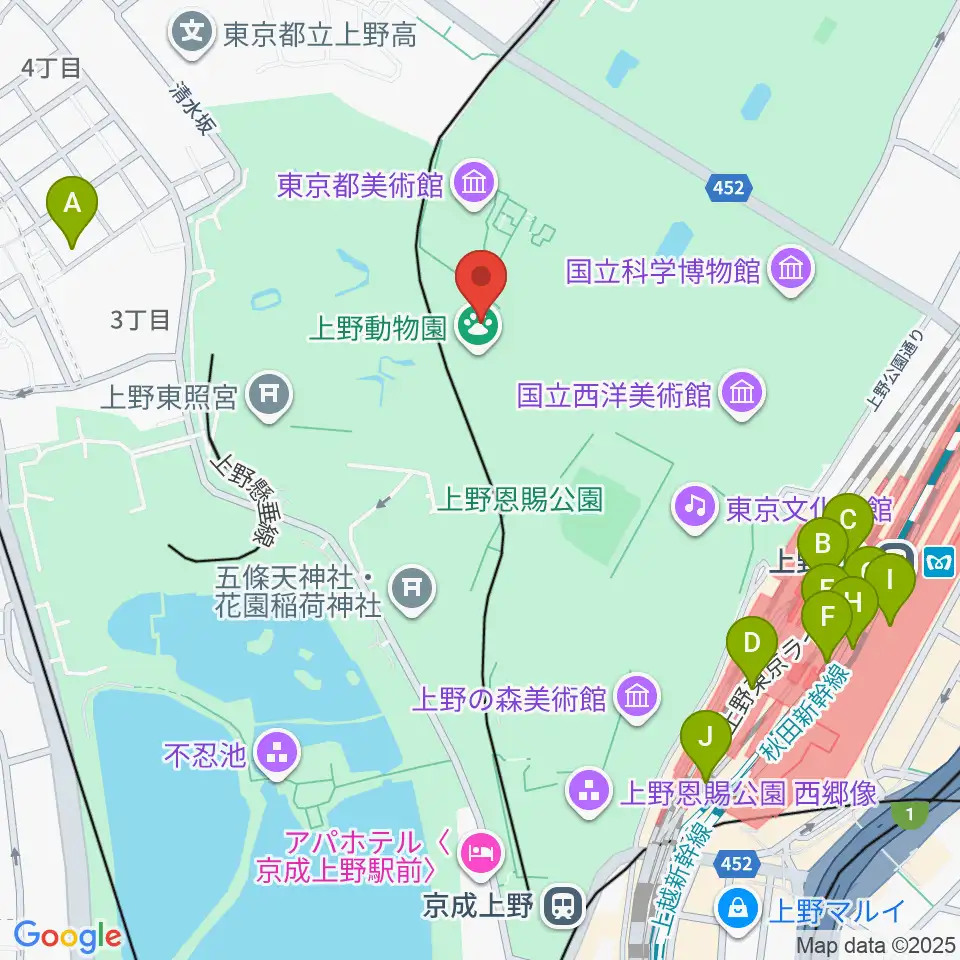 上野動物園周辺のコンビニエンスストア一覧地図