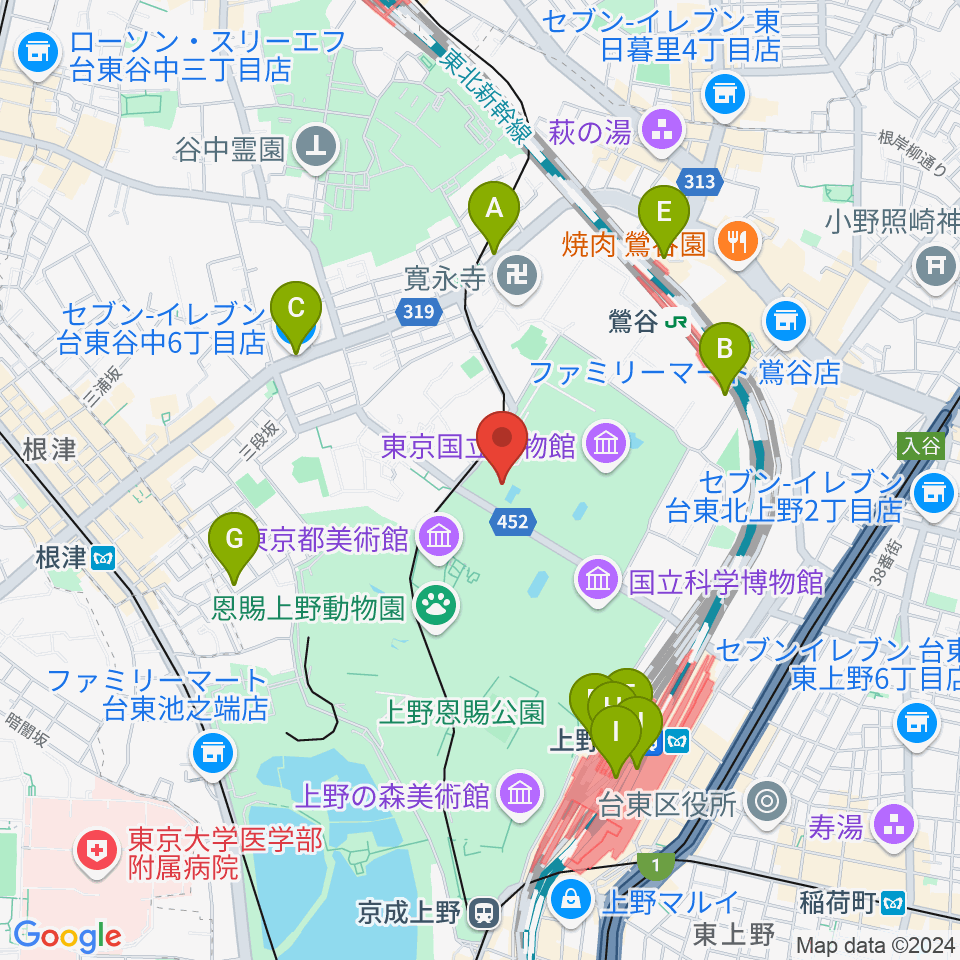 東京国立博物館・法隆寺宝物館周辺のコンビニエンスストア一覧地図