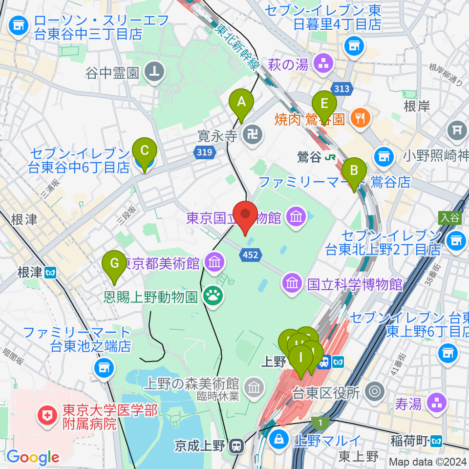 東京国立博物館・法隆寺宝物館周辺のコンビニエンスストア一覧地図