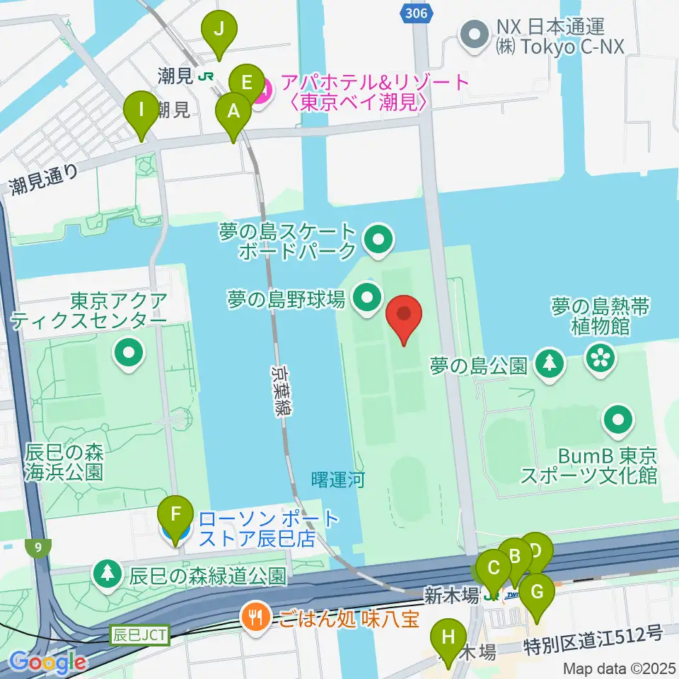 夢の島野球場周辺のコンビニエンスストア一覧地図
