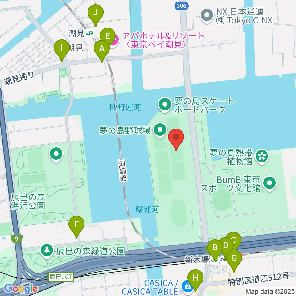 夢の島野球場周辺のコンビニエンスストア一覧地図