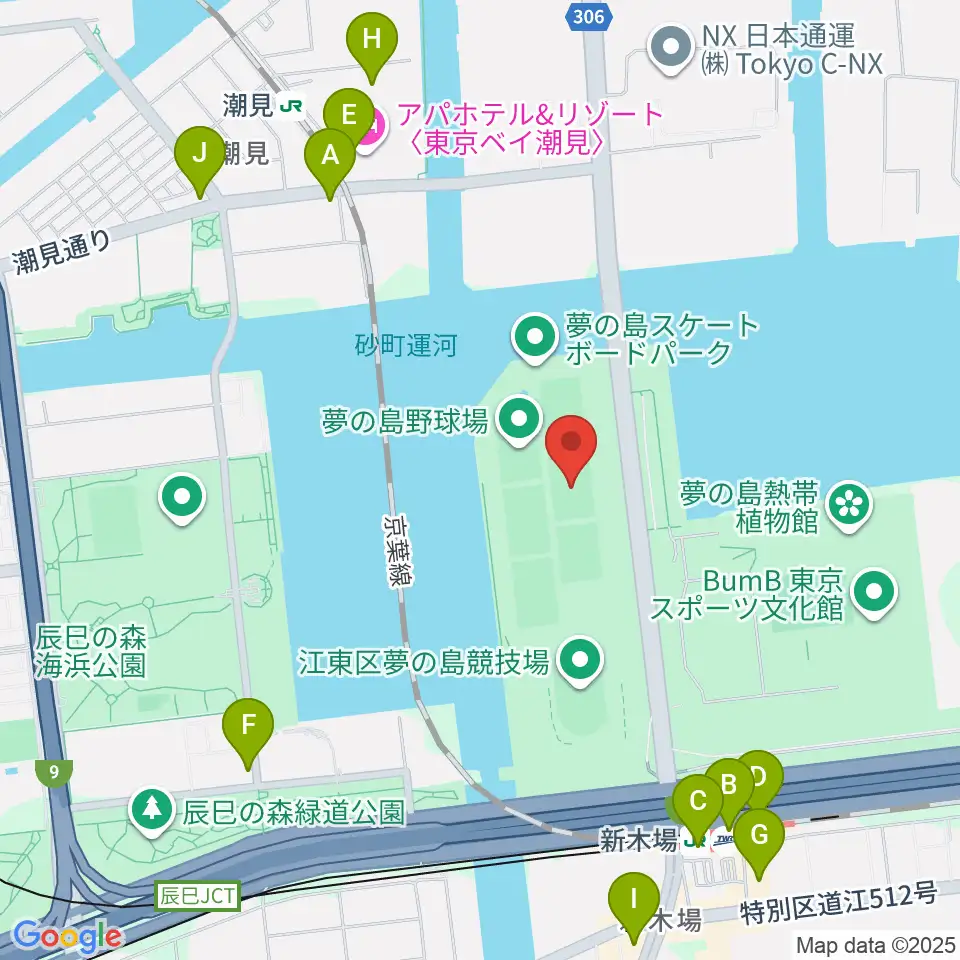 夢の島野球場周辺のコンビニエンスストア一覧地図