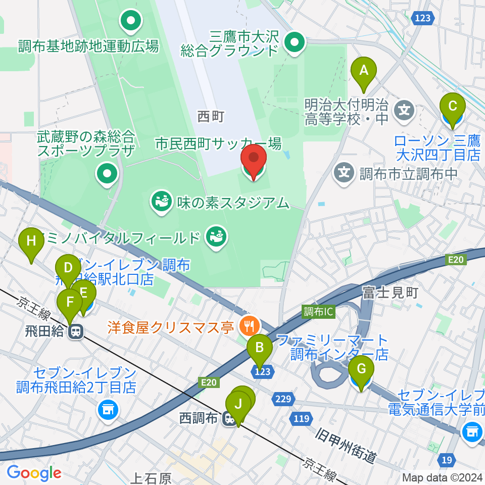 調布市民西町サッカー場周辺のコンビニエンスストア一覧地図