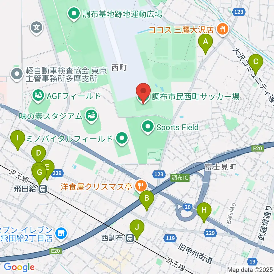 調布市民西町サッカー場周辺のコンビニエンスストア一覧地図