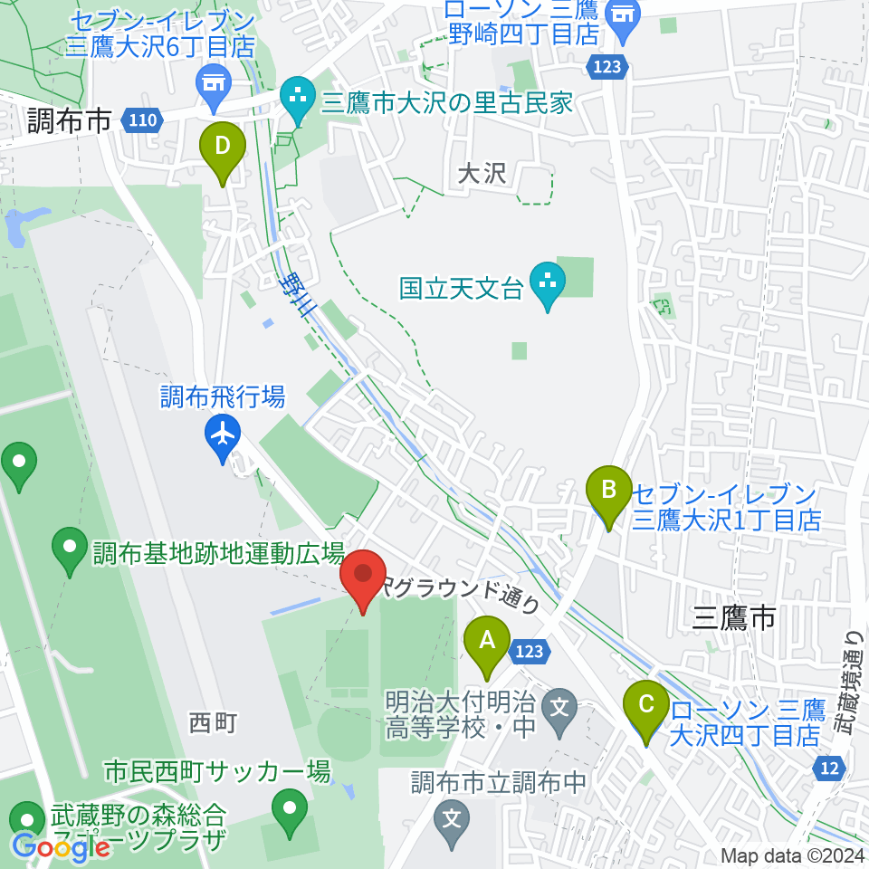 三鷹市大沢総合グラウンド周辺のコンビニエンスストア一覧地図