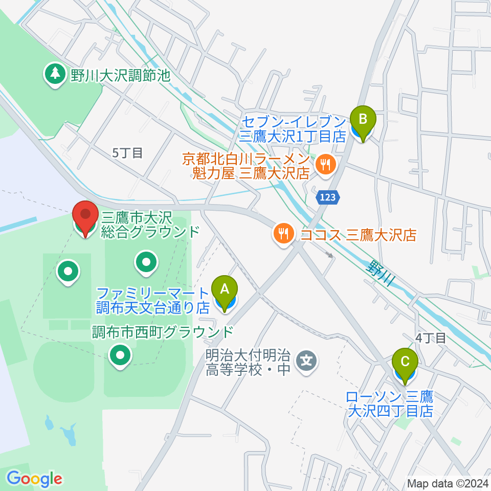 三鷹市大沢総合グラウンド周辺のコンビニエンスストア一覧地図