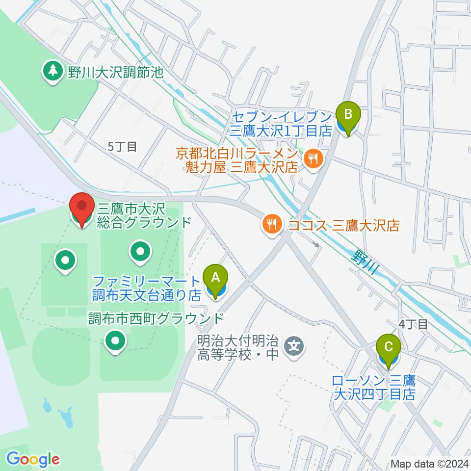 三鷹市大沢総合グラウンド周辺のコンビニエンスストア一覧地図