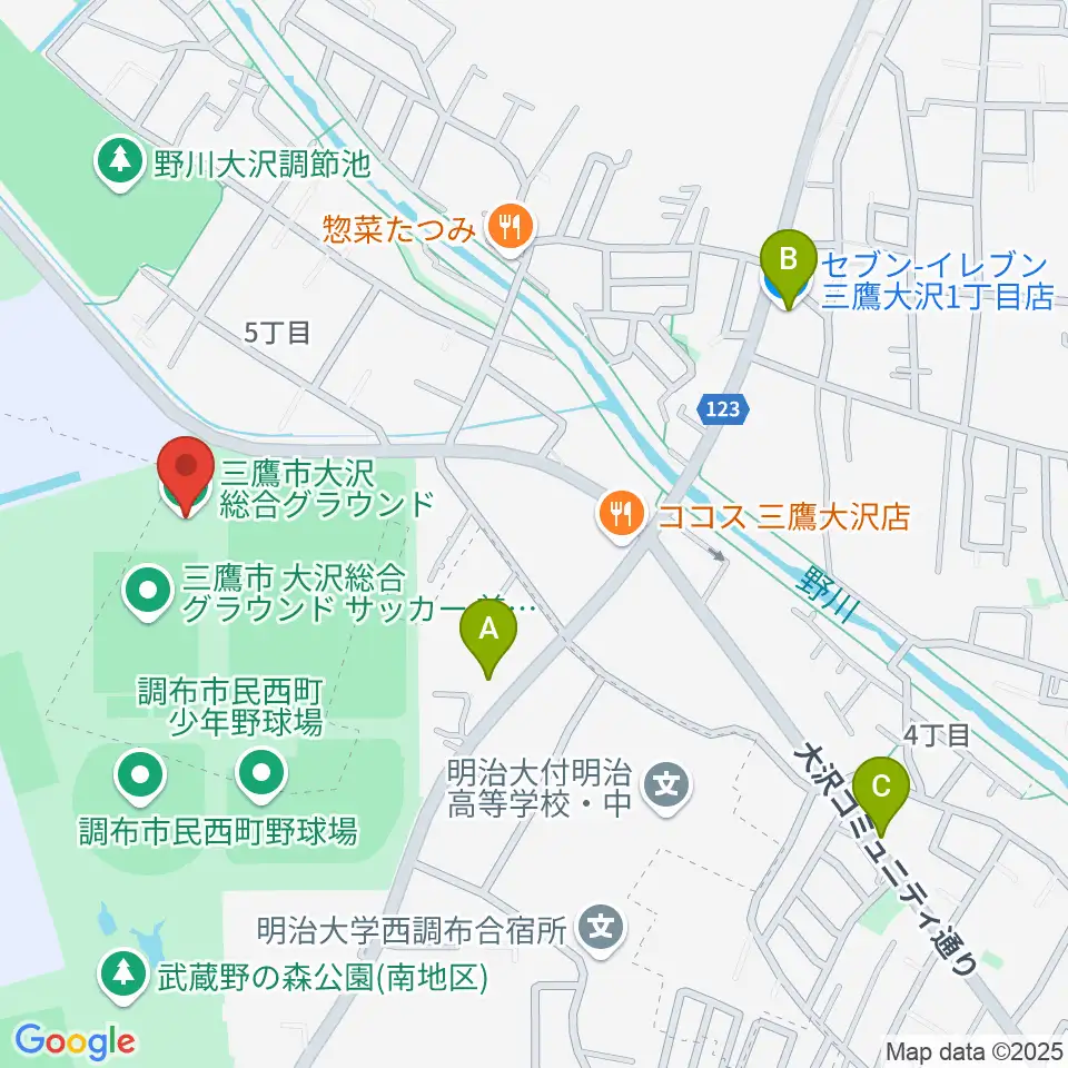 三鷹市大沢総合グラウンド周辺のコンビニエンスストア一覧地図