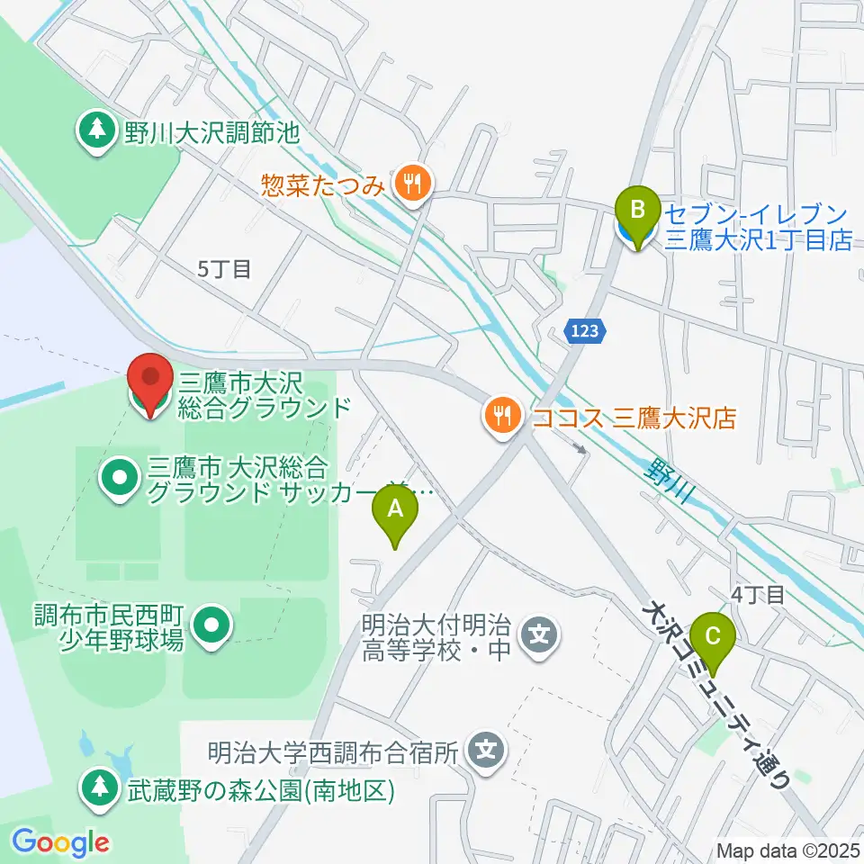 三鷹市大沢総合グラウンド周辺のコンビニエンスストア一覧地図