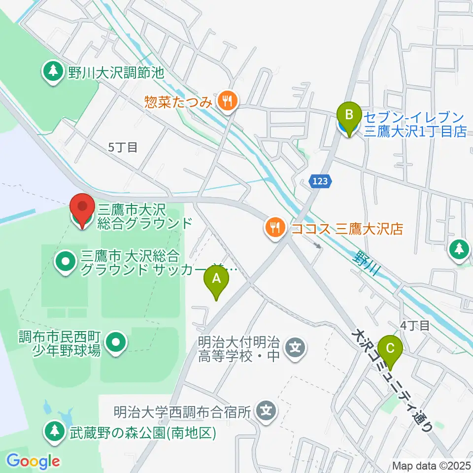 三鷹市大沢総合グラウンド周辺のコンビニエンスストア一覧地図