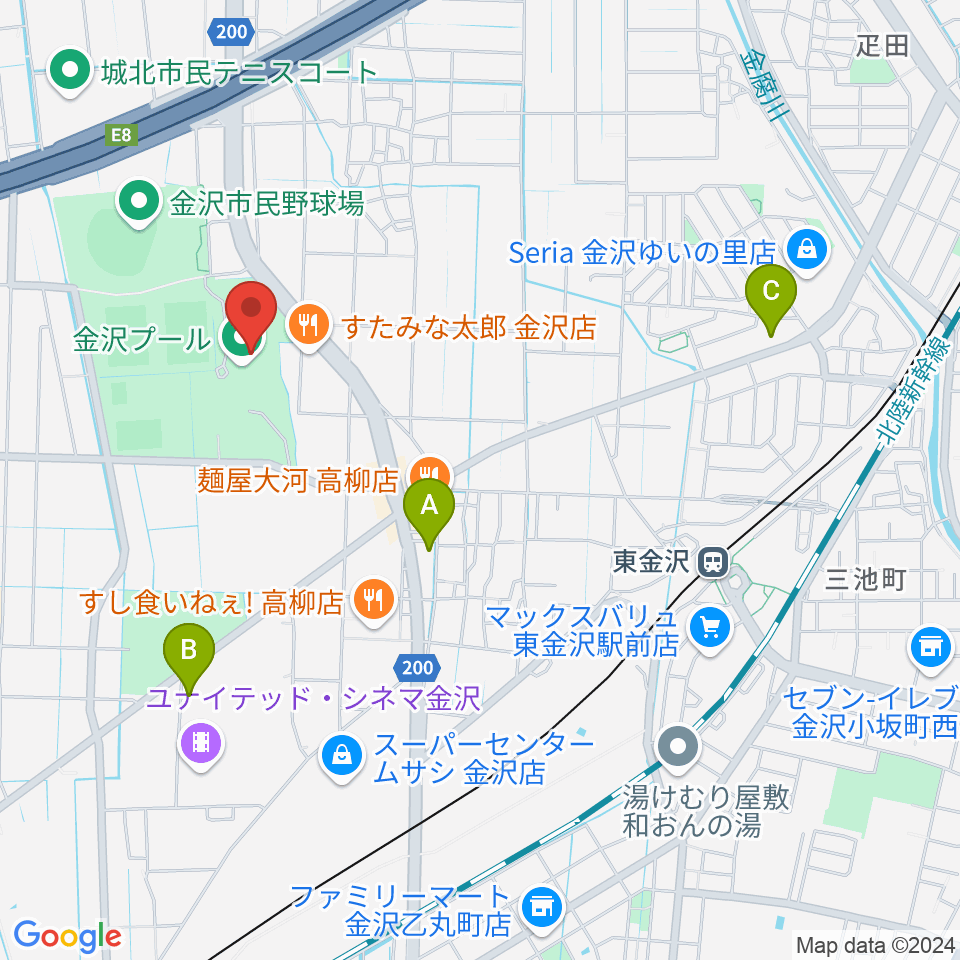 金沢プール周辺のコンビニエンスストア一覧地図