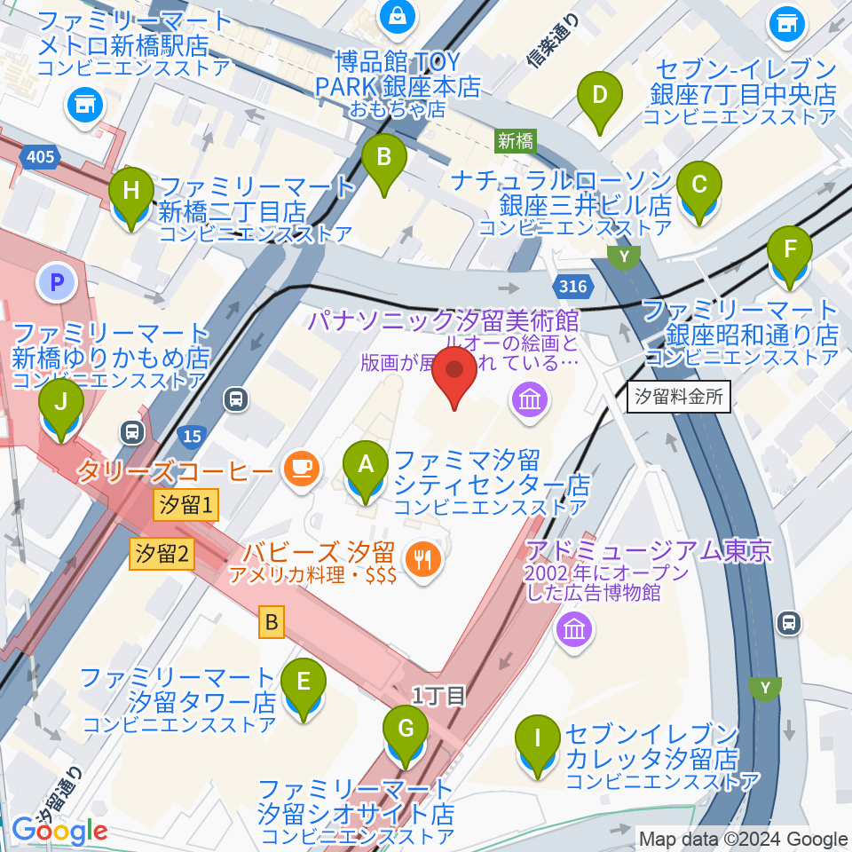 旧新橋停車場 鉄道歴史展示室周辺のコンビニエンスストア一覧地図