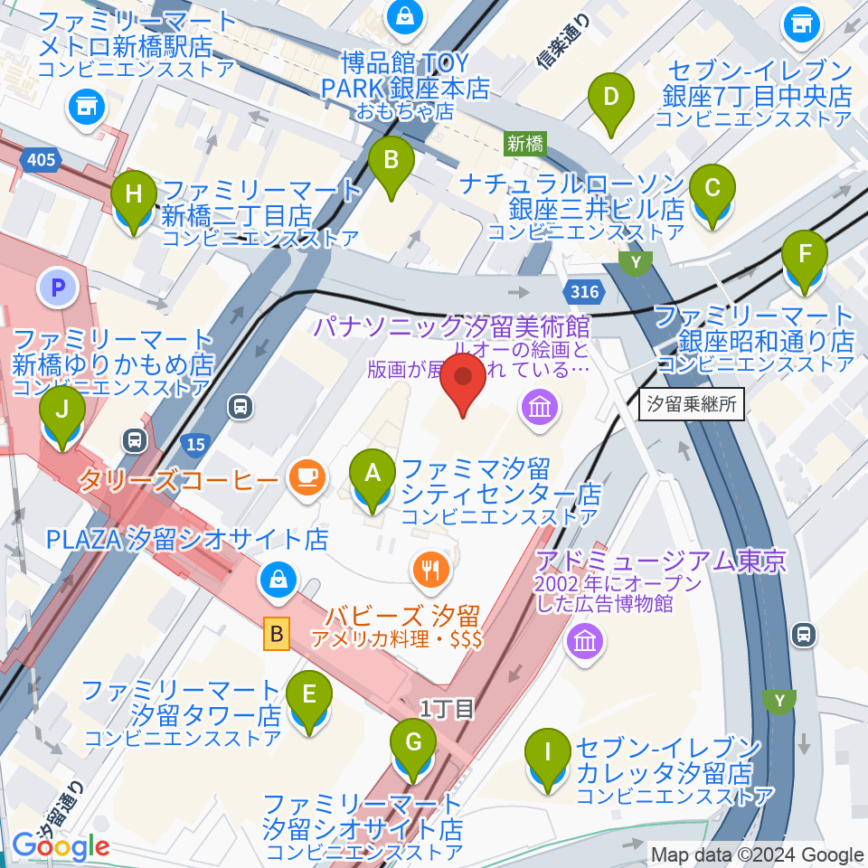 旧新橋停車場 鉄道歴史展示室周辺のコンビニエンスストア一覧地図