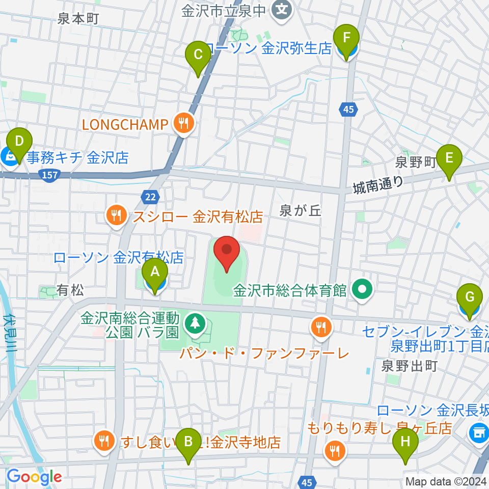 金沢市営陸上競技場周辺のコンビニエンスストア一覧地図