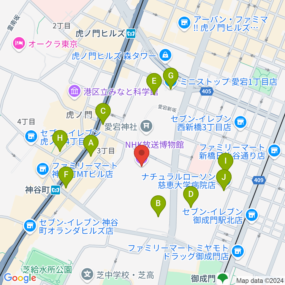 NHK放送博物館周辺のコンビニエンスストア一覧地図