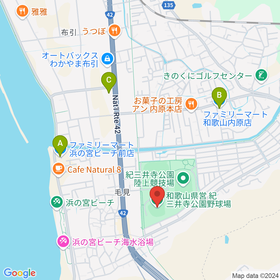 紀三井寺公園野球場周辺のコンビニエンスストア一覧地図