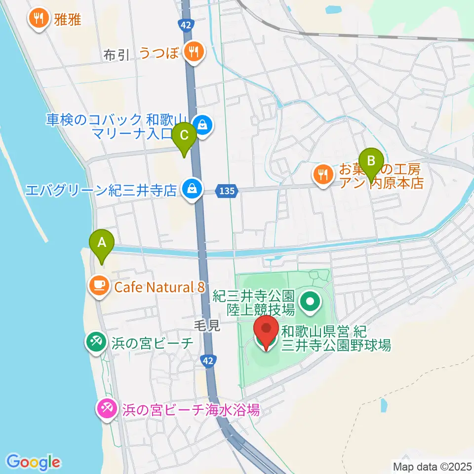 紀三井寺公園野球場周辺のコンビニエンスストア一覧地図