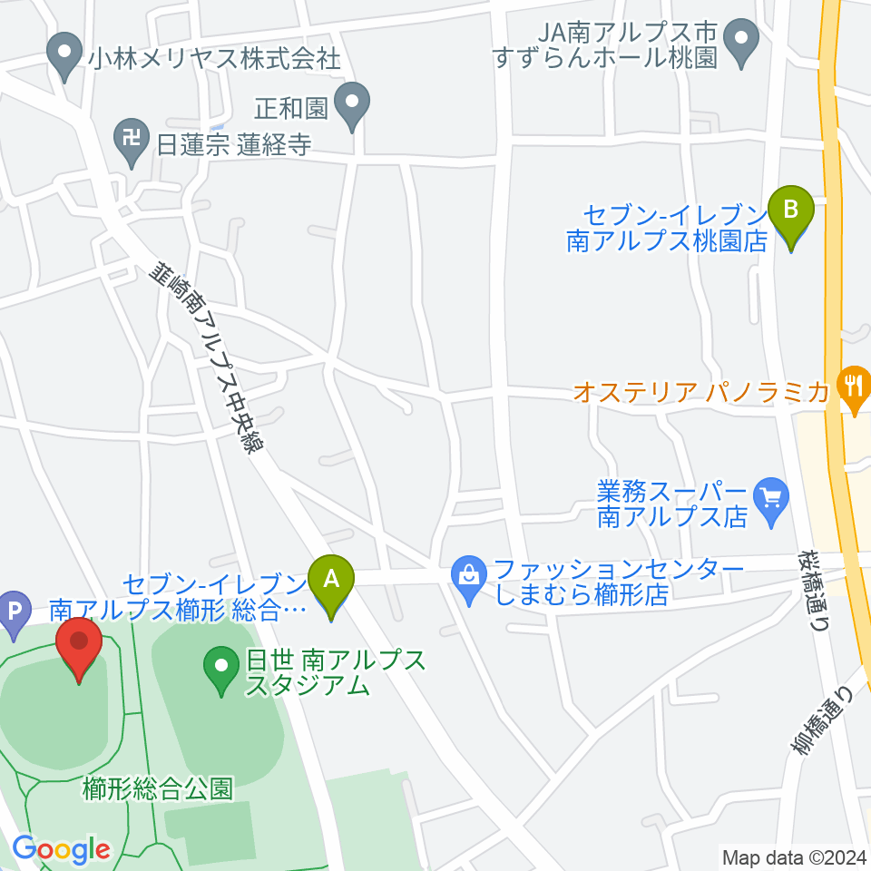 南アルプスジットスタジアム周辺のコンビニエンスストア一覧地図