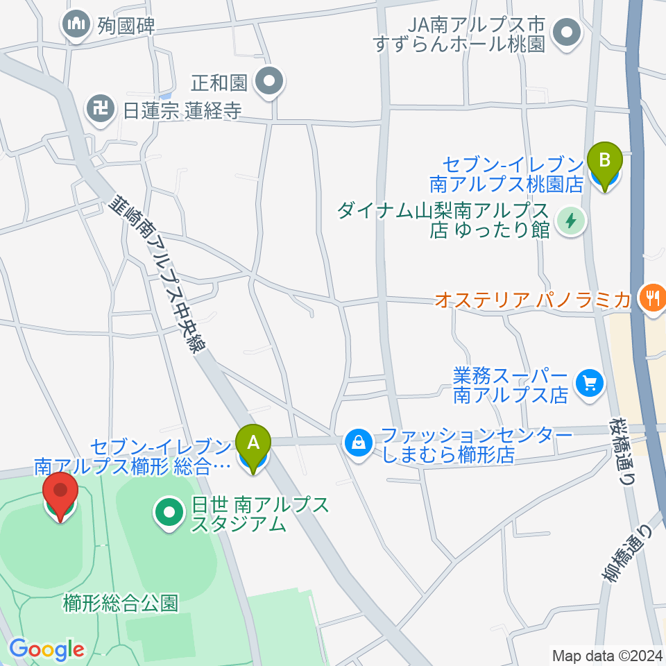 南アルプスジットスタジアム周辺のコンビニエンスストア一覧地図