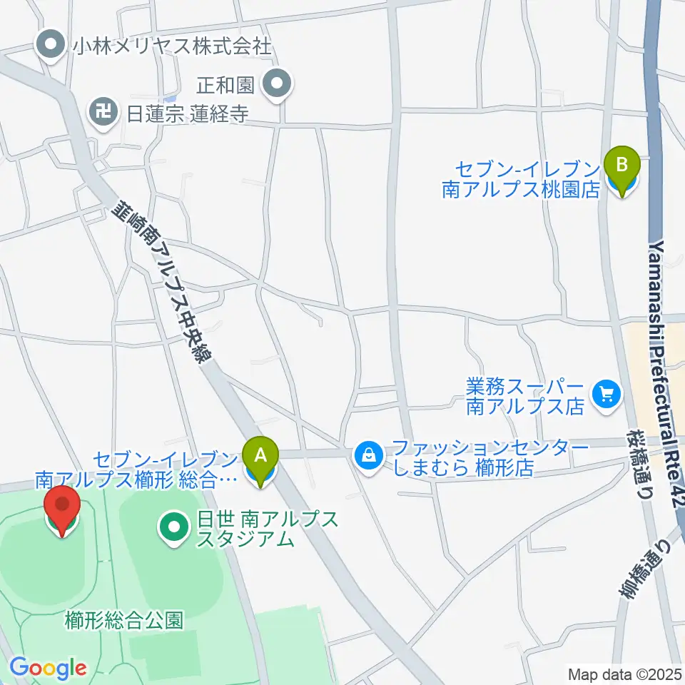 南アルプスジットスタジアム周辺のコンビニエンスストア一覧地図