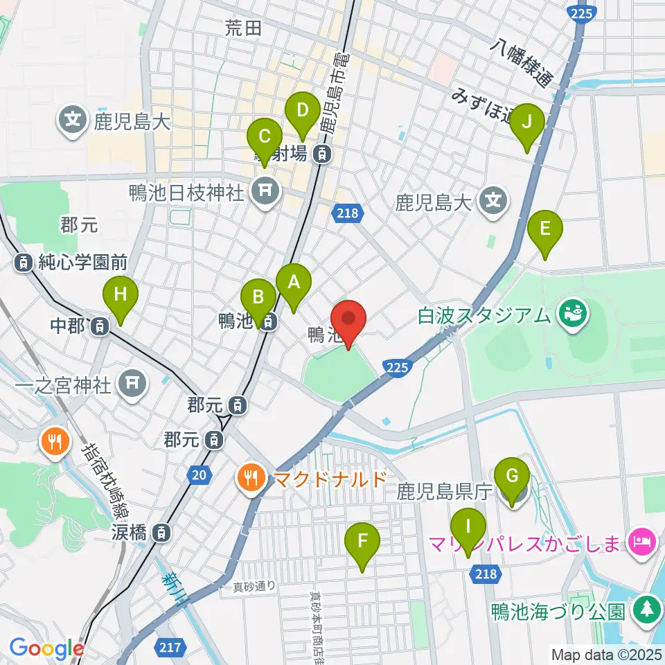 鴨池市民球場周辺のコンビニエンスストア一覧地図