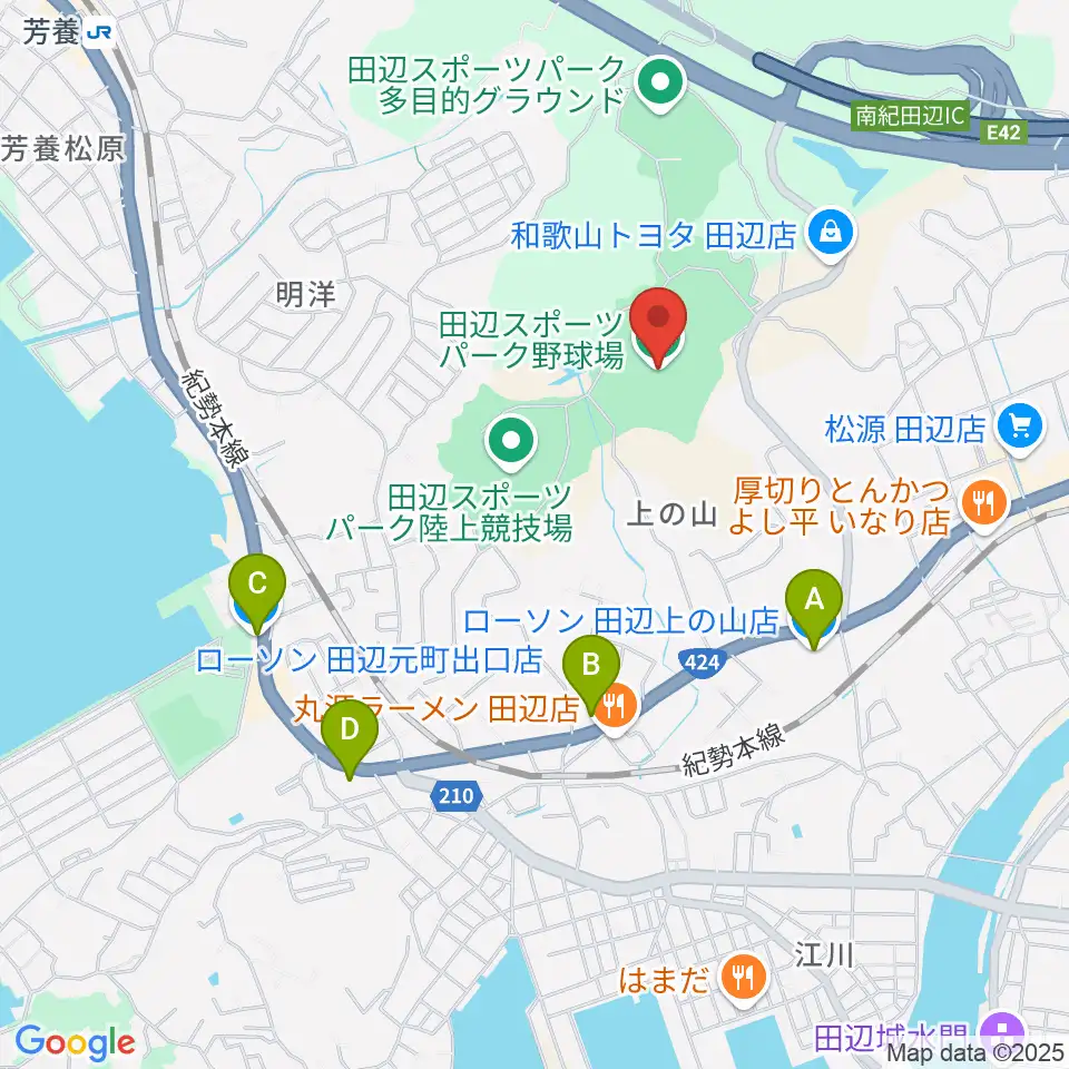 田辺スポーツパーク野球場周辺のコンビニエンスストア一覧地図