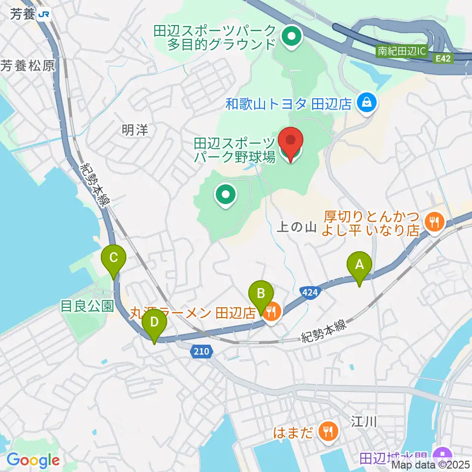 田辺スポーツパーク野球場周辺のコンビニエンスストア一覧地図